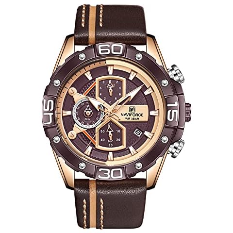 NAVIFORCE Men Chronograph Watch Waterproof Sport Leather Watches Analog Quartz Date Business Fashion Wristwatches for Men (Rose Gold L) Cover