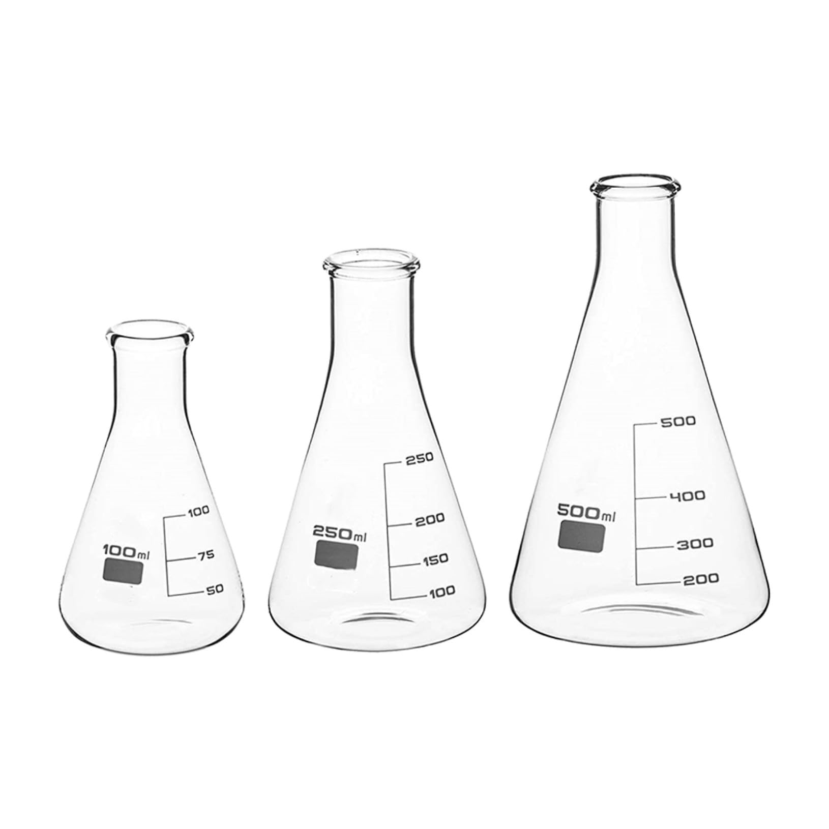 Anneome Juego de 3 Matraces Cónicos de Vidrio Borosilicato Alto | 100 Ml, 250ml y 500ml, Graduaciones Estándar, Fondo Plano para Laboratorio E Investigación
