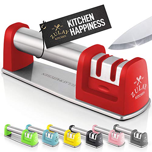 Zulay Premium Quality Knife Sharpener for Straight and Serrated Knives Stainless Steel Ceramic and Tungsten - Easy Manual Sharpening for Dull Steel, Paring, Chefs and Pocket Knives - Red