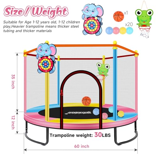 Pink Indoor Trampoline for Kids 2-5, 5ft Mini Indoor & Outdoor Small Toddler Trampoline with Net and Basketball Hoop