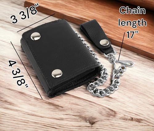 RFID Blocking Men's Tri-fold Vintage Biker Cowhide Leather Steel Chain Wallet,Snap closure, Made In USA,GL315,black2