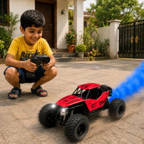 Image of ZIVVY Big Red Remote Control Car | Rock Crawler | LED Headlight | Rechargeable Battery with Type c Charger | 100m Range | Smoke | Toy Car for Kids & Boys 7-14 Years | Birthday Gift for Kids
