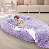ROOMTEC Human Dog Bed, 71''x45''x12'' Size Fits Adult and Pet Washable Giant People Dog Bed 10 CM Thick Memory Foam Large Oversize Dog Bed with Plump Pillow, Blanket, Strap - Purple