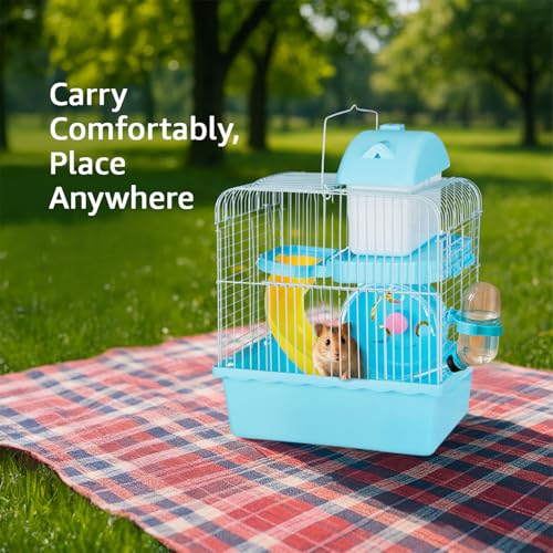Image of Amazon Basics Hamster, Gerbil, Guinea Pig Cage and Playhouse | Blue | Spacious Plastic Cage for Small Pets | 2 Level | Double Story with Slide, Exercise Wheel and Feeding Bottle | LxWxH-27x 17x 31 Cm