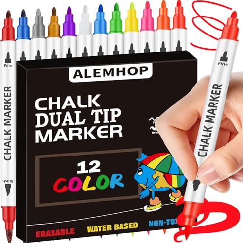 ALEMHOP Liquid Chalk Markers 12 Colors - Brush + Fine Tips - Chalk Markers for Blackboard LED Note Board Acrylic Fridge Calendar Board Dry Erase Board - Window Markers for Glass Washable