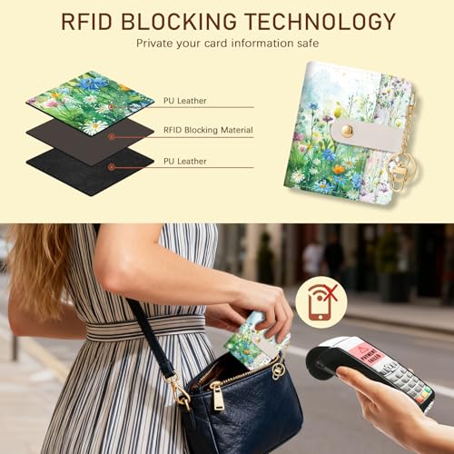 Image of Jogjam Floral Green Rfid Ladies Wallet, Small Slim Thin Compact Credit Card Women Wallet, Spring Flowers PU Leather Bifold Cash Zipper Coin Pocket ID Window for Female