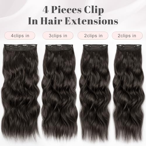 ALXNAN Clip in Long Wavy Synthetic Hair Extension 24 Inch Natural Black 4PCS Thick Hairpieces Fiber Double Weft Hair for Women