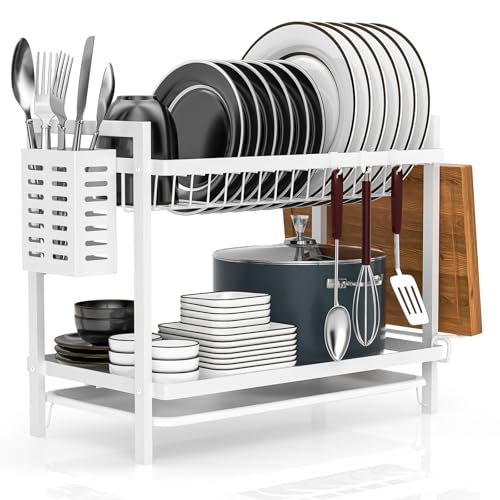 Escurreplatos Acero Inoxidable Cocina, Multifunción Escurridor De Platos Desmontable De 2 Niveles, Escurridor de Platos para Fregadero con Bandejas de Goteo,Soporte de Cubiertos Soporte de Vaso