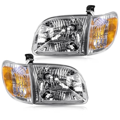 Headlight Assembly with Corner Light Compatible with Toyota Tundra 2000 2001 2002 2003 2004 Regular | Access Cab Halogen Headlamp Pair Set w/o Bulbs Chrome Housing Clear Lens Yellow Corner