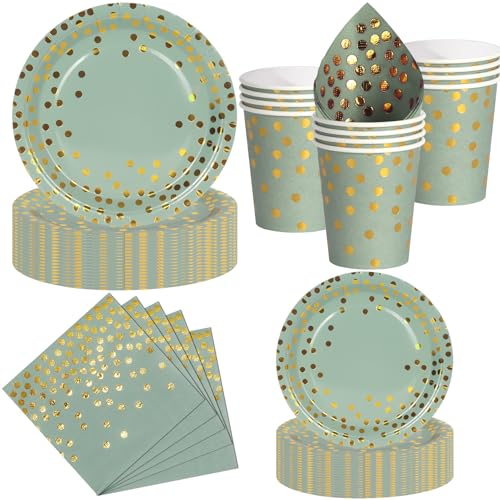 Nkaiso Set de Vaisselle Jetable 50 Pièces Vert Sauge et Or, 10 Assiettes Plates, 10 Assiettes Dessert, 10 Gobelets, 20 Serviettes - Pour Anniversaire,...