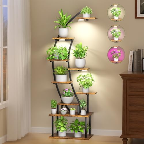 Plant Stand Indoor with Grow Lights, 9 Tier 63' Metal Plant Shelf for Multiple Plants, Tall Plants Shelves Corner Flower Holder, Half Curved Shape Plant Display Rack for Living Room, Balcony, Patio