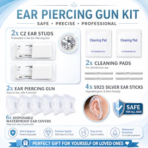Image of Anzero Ear Piercing Kit, Disposable Ear Piercing Gun with 3MM CZ Studs | Sterile Packed, 316L CZ Studs, Painless Quick Piercing, Easy and Safe, Home Self-Use, Suitable for Women, Men and Girls