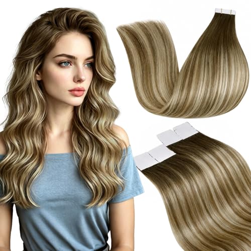 Image of LaaVoo Tape in Human Hair Extensions Light Brown Ombre Tape on Hair Extension Human Hair 100g Tape in Extensions Balayage Brown to Light Brown with Blonde Full Head 22 Inch 40pcs