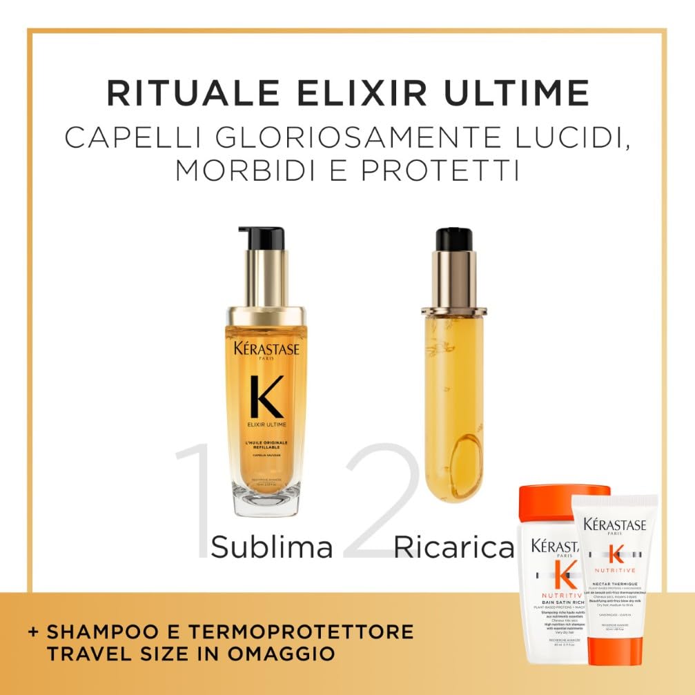 Kérastase, Routine Per Capelli Secchi e Spenti, Anti-crespo, Nutriente, Olio per Capelli + Ricarica + Shampoo e Latte Travel Size in Omaggio, Elixir Ultime + Nutritive, 75 ml + 75 ml + 80 ml + 50 ml