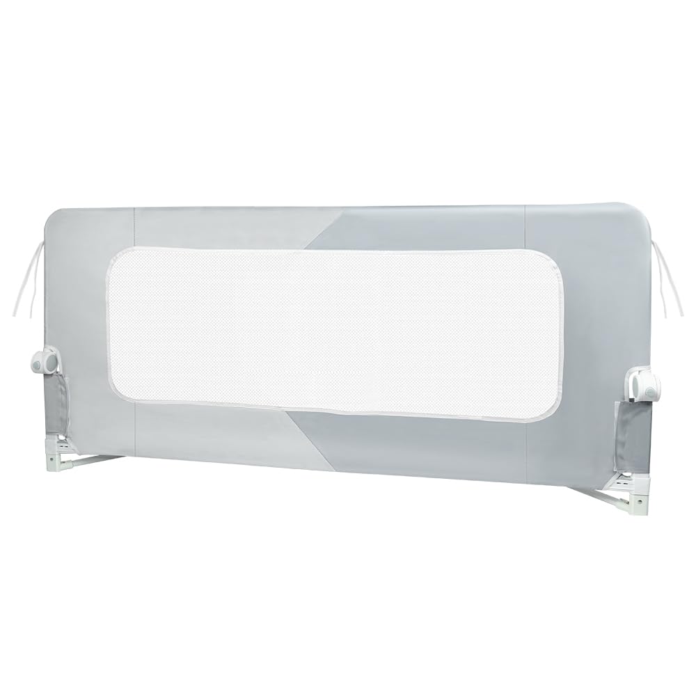 Homewell Portable Bed Rail 150 x 66-80 cm, Barrera de cama infantil plegable, altura ajustable, marco de metal, barrera de seguridad para niños, cama de matrimonio, poliéster (gris claro + gris oscuro