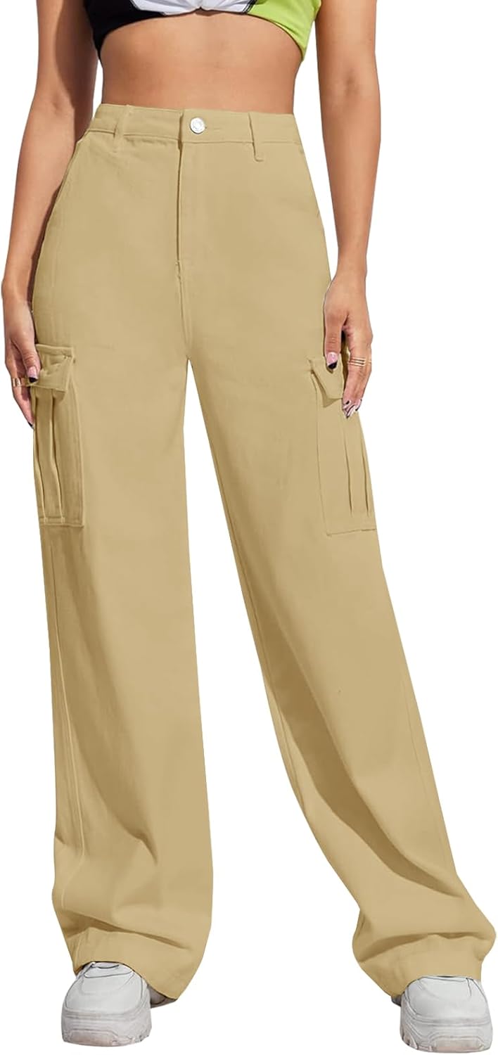 LONGYIDA Women’s High Waisted Cargo Jeans Straight Wide Leg Stretch Baggy Jean Y2K Casual Loose Denim Cargo Pants Trousers