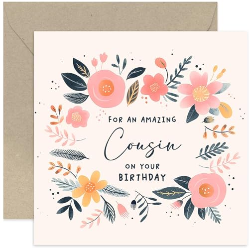 Old English Co. Cute Birthday Cards for Female Cousin - \'Amazing Cousin\' Birthday Gifts for Her - Floral Artwork Happy Birthday Card for Women - For Family | Blank Inside