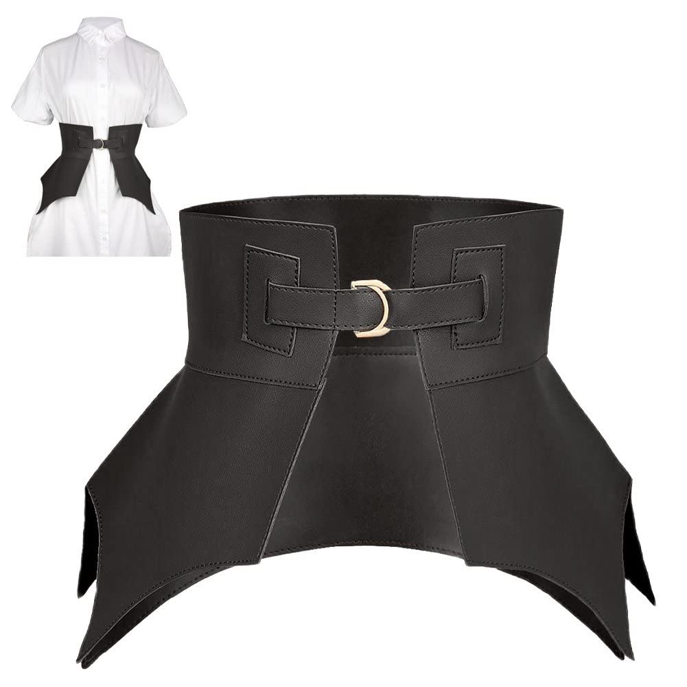 Haowul Women's Black Irregular Pu Leather Long Wide Belt Punk Style Costume Waist Belt Waistband Corset Belts
