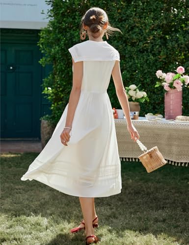 Women's White Cotton Boho Embroidered Eyelet Midi Dress, Sailor Collar Sleeveless Summer Casual Beach Vacation Dress2