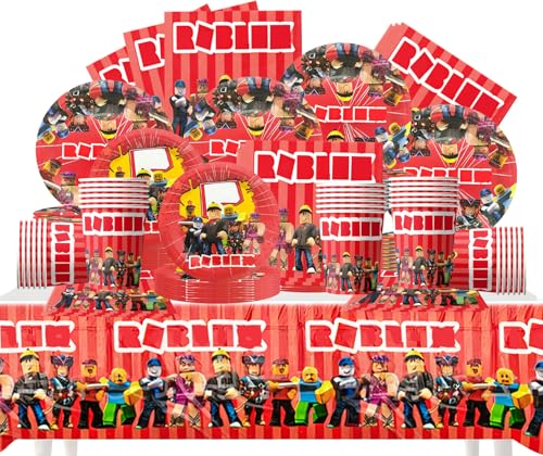 FYFLYMT Set Vajilla Fiestas Roblx, 61 piezas Decoración Cumpleaños Roblx, Decoración Fiestas Temáticas y cumpleaños, Platos Cartón, Vasos, Servilletas Mantel para 10