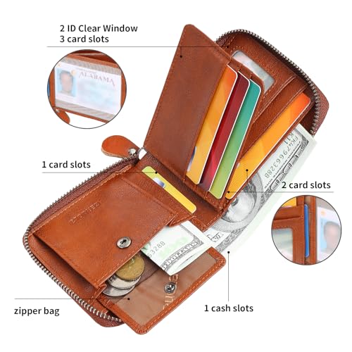 Men's Shielded Wallet Zipper Leather Wallet Men's Bifold RFID Card Case Wallets for Men (Brown)2