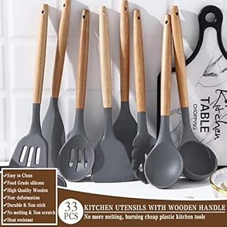 Umite Chef Kitchen Cooking Utensils Set, 33 pcs Non-stick Silicone Spatula Set with Holder, Woodle Handle Heat Resistant Gadgets Utensil (Gray)