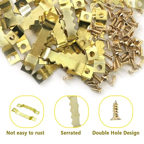 Image of 100 Pcs Sawtooth Hangers Picture Hanging Kit 1.77in Sawtooth Picture Hangers Picture Hooks with Screws Picture Frame Hangers for Photos Artwork Clock (Gold /XK-JC)