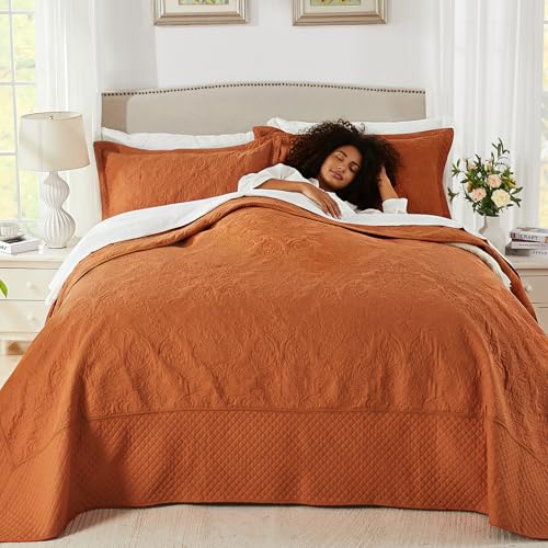 Image of ENJOHOS Burnt Orange 138x122 Extra Wide Oversized King Quilts - California King Bedspread, Reversible Summer Soft Microfiber Bed Coverlet Super King Bedding (1 Cal King Quilt, 2 Pillow Shams)