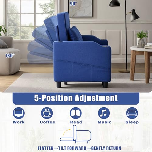Image of Sleeper Chair 5-in-1 Convertible Chair Bed Pull Out Adjustable Single Armchair Sofa Bed with USB Ports,Side Pocket,Cup Holder (Blue)