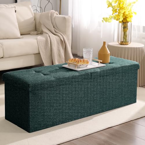 Image of Storage Ottoman Bench Foldable Footrest Foot Stool, 45 inch Fabric Green | Small Ottoman Foot Rest Seat Shoe Bench Flip-Top forliving Room End of Bed Bedroom Couch Dorm 166L Folding Upholstered Chair