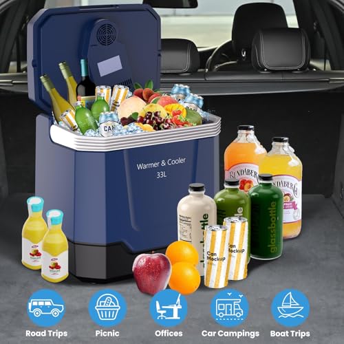 Image of 35QT Electric Cooler, Portable Car Refrigerator & Plug-In Cooler with 12V DC & AC Power, Travel Cooler for Camping, Road Trips, Truck Travel & Home Use, car fridge with Locking Handle