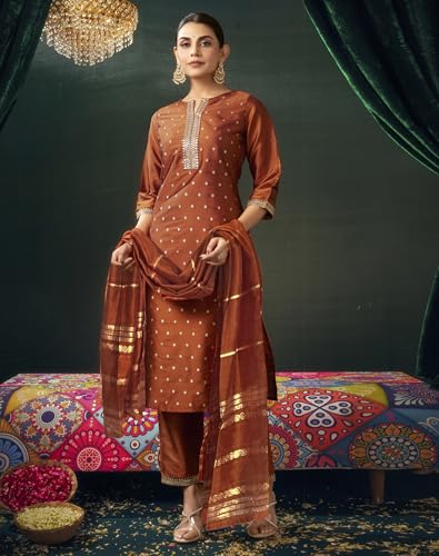 Image of SIRIL Women's Taffeta Jacquard and Embroidery Work Straight Kurta Pant with Dupatta Set