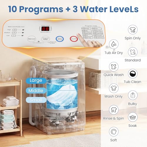 Image of VCJ 17Lbs Portable Washing Machine, Full-Automatic Top Load Washer with 10 Wash Cycles, 3 Water Levels & LED Display, Compact Electric Laundry Washer for Apartment, Dorms, RVs and Camping