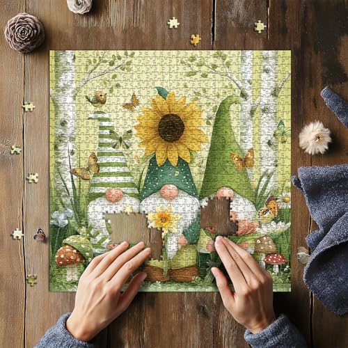 Rompecabezas de duendes primaverales para adultos, 1000 piezas, escena natural con girasoles, tulipanes, mariposas y pájaros, arte floral para pared miniatura 5
