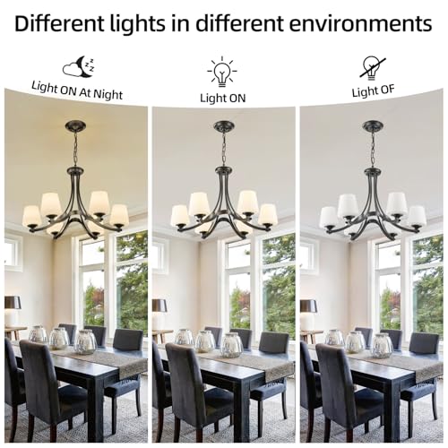 Image of 6 Light Modern Black Chandeliers, Farmhouse Dining Room Light Fixtures Over Table Rustic Chandeliers for Kitchen Island with Frosted Glass Shade for Living Room Foyer Height Adjustable 47.2''