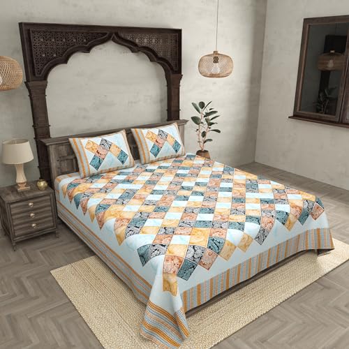 Image of JaipurFabric Cotton 210 TC Ethnic Tiles Bedsheet for Double Bed with 2 Pillow Covers (90 inch X 108 inch), Blue