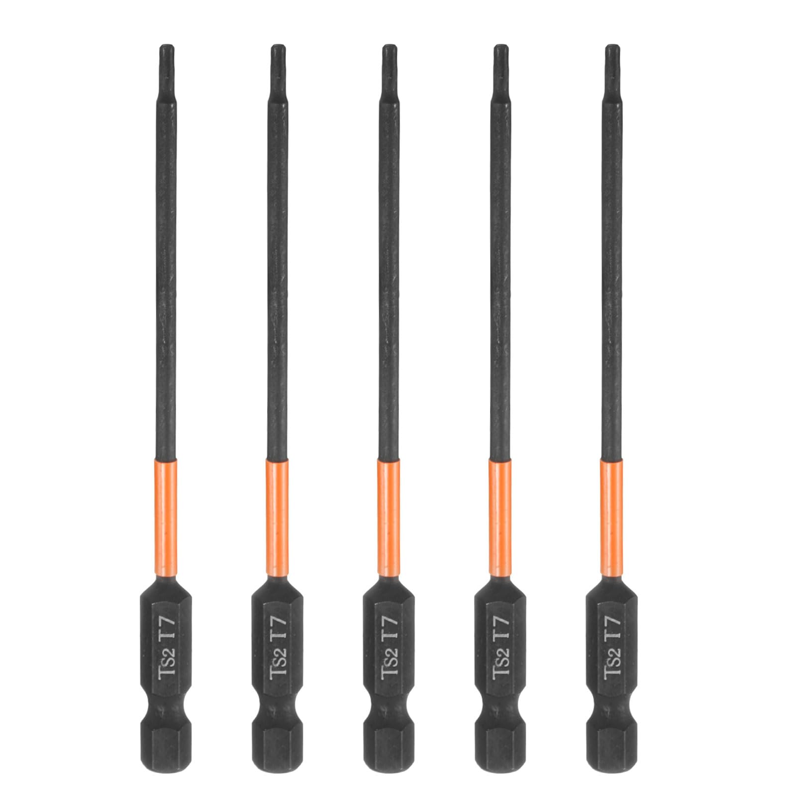 sourcing map 5pcs T7 Torx Head Screwdriver Bit 4" (100mm) Long 1/4" Hex Shank Magnetic No Hole Tamper Proof 6 Point Star Screw Driver Drill Bits Phosphate S2 Steel Industrial Power Tools