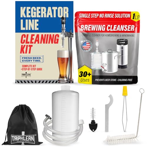 Kegerator Cleaning Kit with 1 LB Beer Line Cleaner Made in USA 30+ Uses Complete Keg Cleaning Kit with Metal Coupler Squeeze Bottle Wrench Detailed Instructions Storage Bag & Beer Tap Brush