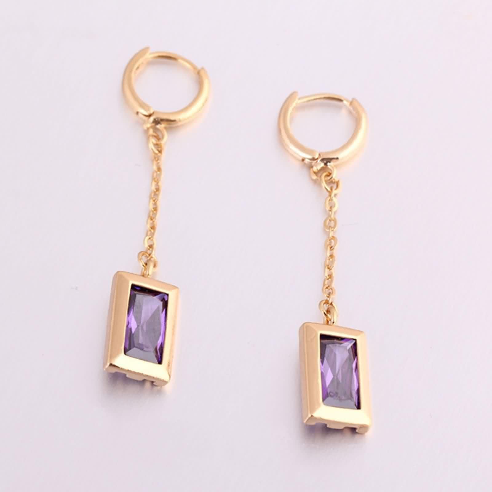 Pendientes de aro de oro amarillo Au585 de 14 quilates, para mujer, amatista morada, corte rectangular, oro de 14 quilates, pendientes pequeños de oro real
