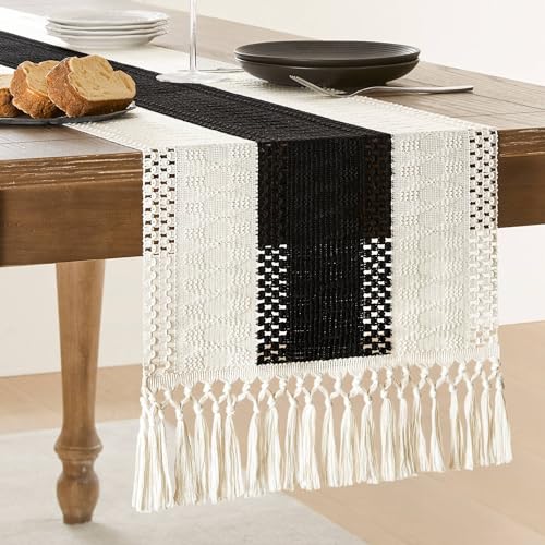 Image of ZeeMart Macrame Style Bicolor Stitching Table Runner, 14 x 36 Inch Black /Ivory, Boho Table Runners 36 Inches Long, Farmhouse Woven Home Decor