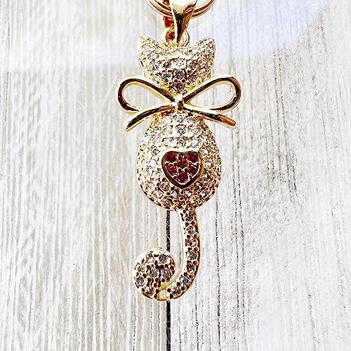 Dainty 18k Gold Plated Cubic Zirconia Cat Purse Charm, Small Cute Backpack Zipper Pulls, Unique Pretty Pink Heart Handbag Jewelry, Tiny Keychain Charms4