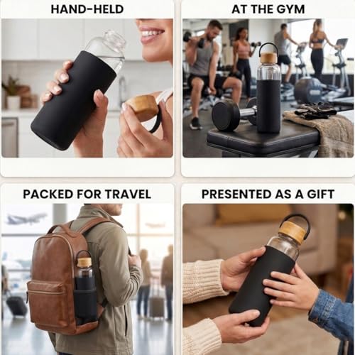 Image of Giftana Personalized Borosilicate Glass Water Bottle 500ml with Glass Sipper Tumbler 450ml, Reusable Leakproof Drinking Bottle with Silicone Sleeve, Eco-Friendly Bottle for Office Gym Travel (Black)