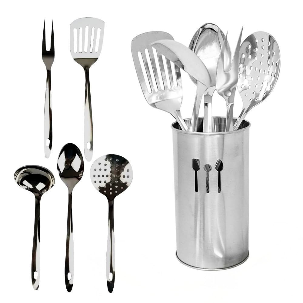 6pc Kitchen Utensil Set - Stainless Steel, Spoons Turners Spatula Ladle Fork, Kitchen Gadgets | Heat Resistant, Includes Cutlery Holder, Dishwasher Safe | Non Stick For Easy Cleaning, Ideal for Bbqs