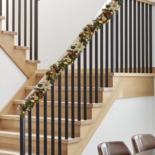 Christmas Garland with Lights, 6 FT Coffee Brown Pre-Lit Christmas Garland with 20 LED Ball Ornaments Pine Cones and Ribbon Bows for Fireplace Mantle Stair Railing Indoor Outdoor Christmas Decoration