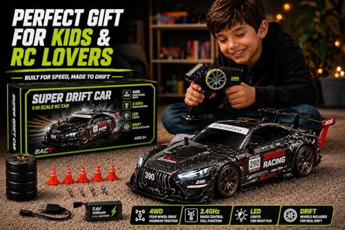 Image of 1:16 or 1 16 RC Drift Car, 2.4GHz Remote Control Racing Car, 4WD High Speed with LED Lights, Proportional Throttle, Extra Drift Wheels for Kids (Black & Grey)