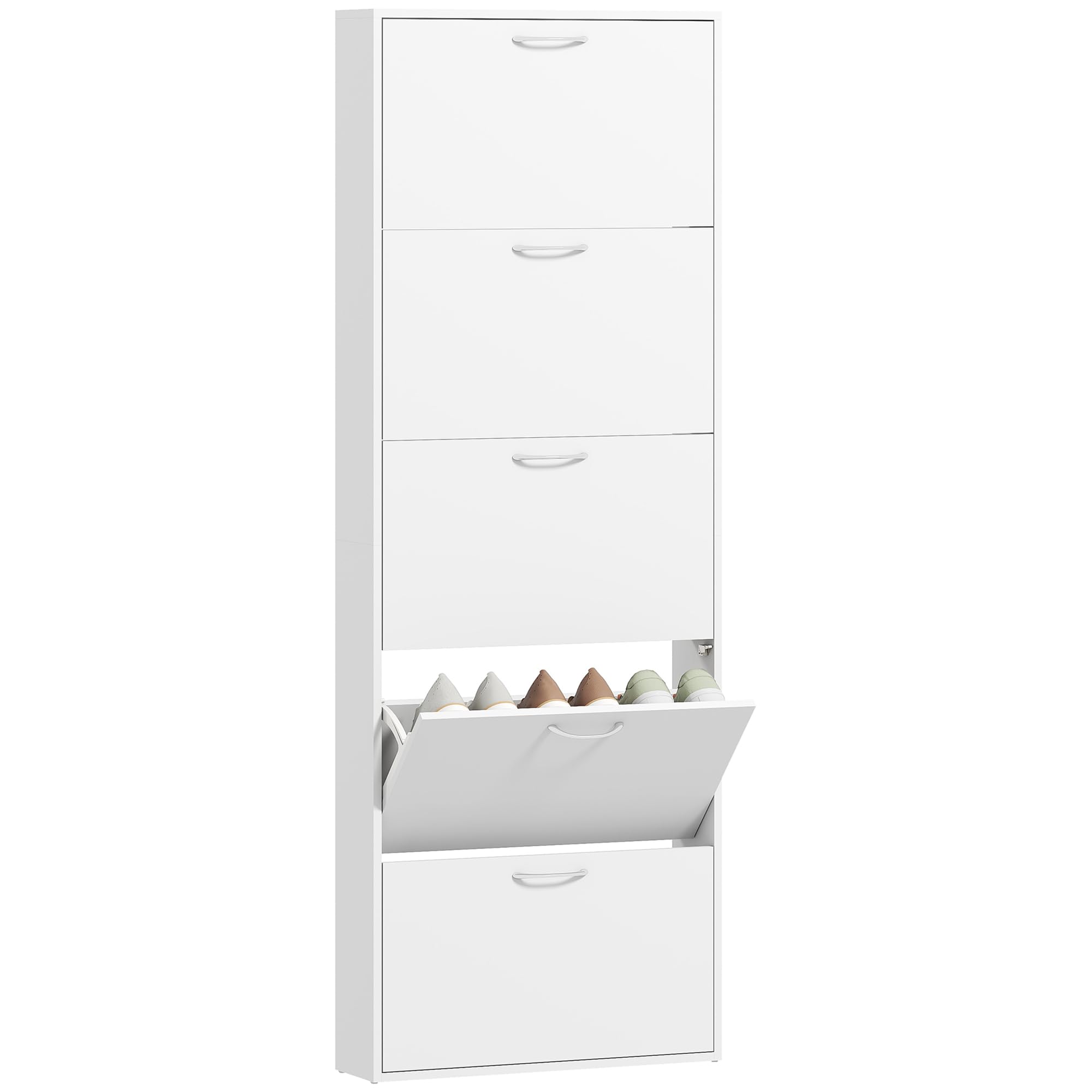 HOMCOM Scarpiera Salvaspazio Slim Alta 5 Ante 65x17x180.5 cm Bianco | Ante a Ribalta, Porta Scarpe per 15 Paia con Maniglia, Mobiletto Ingresso con Piano Superiore Portaoggetti