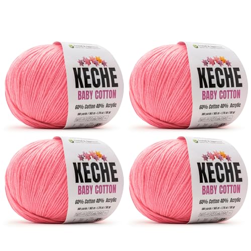 Image of Keche Cotton Yarn, 60% Cotton 40% Acrylic Yarn, Soft Cotton Yarn for Crochet and Knitting, Amigurumi Yarn 4 Skeins /Balls [1.76 Oz (50g) / 180 Yrds (165m)] x 4 - Pink
