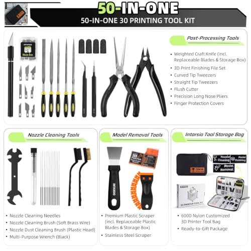 Image of 50pcs 3D Printer Toolkit and Accessories for All FDM /SLA 3D Printers | Features Nozzle Care, Model Removal, Cleanup, Finish Tools, Storage Bag Compatible for Bambu Lab A1 /P1S /P1P Ender 3 V3, K1 /K2