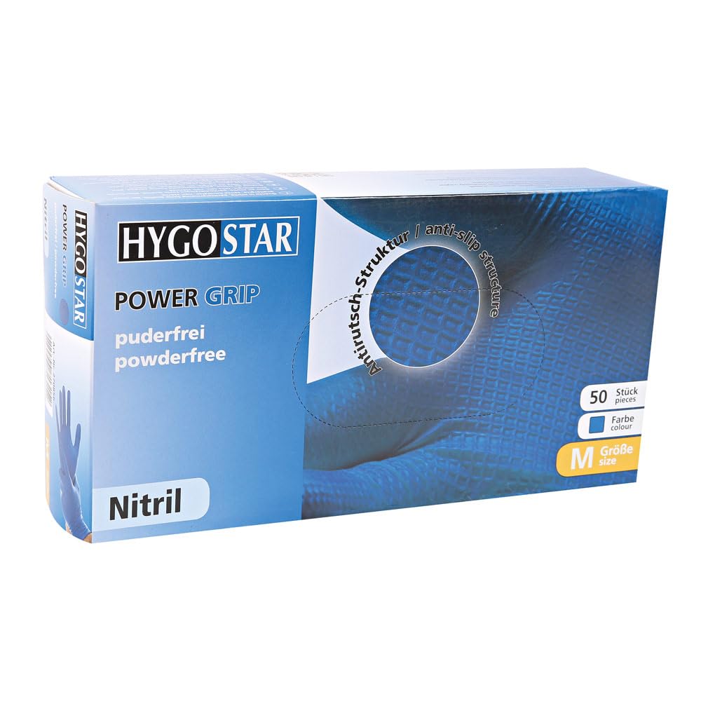 FRANZ MENSCH 500 Stück Hygostar Nitrilhandschuhe Power Grip | puderfrei, Karton, blau, 10/XL, L: 24cm, Einweghandschuhe, Mechaniker, Latexfrei, Fischschuppen-Struktur