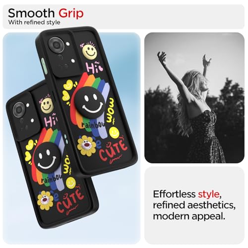 Image of Pikkme Back Cover for OnePlus Nord 2T 5G | Soft Silicone| Cute Rainbow Smile & 3D Cartoon Flower Design | Shockproof Raised Camera Protection Bumper Case (Black)